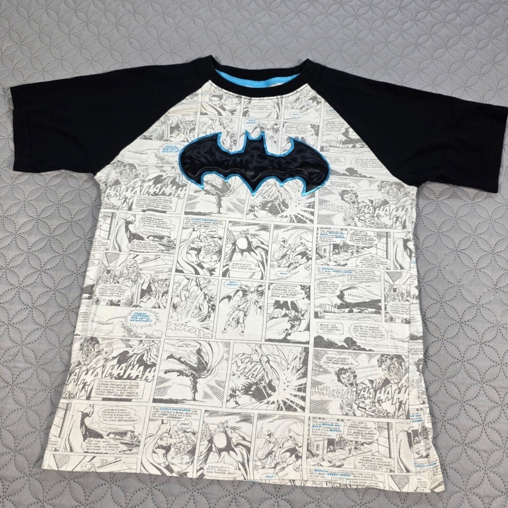 Batman Comic Strip Raglan T-Shirt Boys XL 14/16 Black White All Over Print Tee